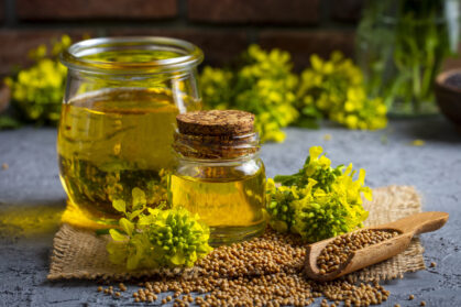 Mustard oil in a glass jar and decanter, mustard grains on a bur Mustard oil in a glass jar and decanter, mustard grains on a burlap napkin, flowers and leaves on wooden board background