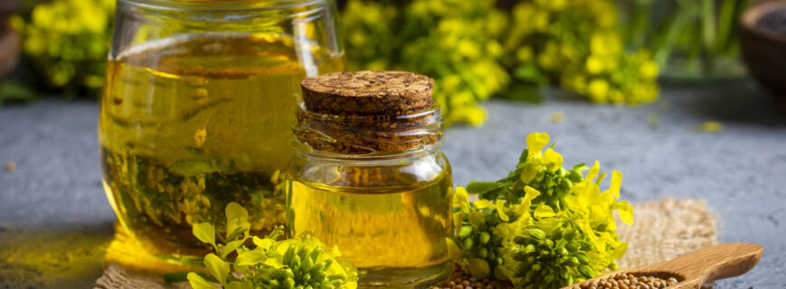 Mustard oil in a glass jar and decanter, mustard grains on a bur Mustard oil in a glass jar and decanter, mustard grains on a burlap napkin, flowers and leaves on wooden board background